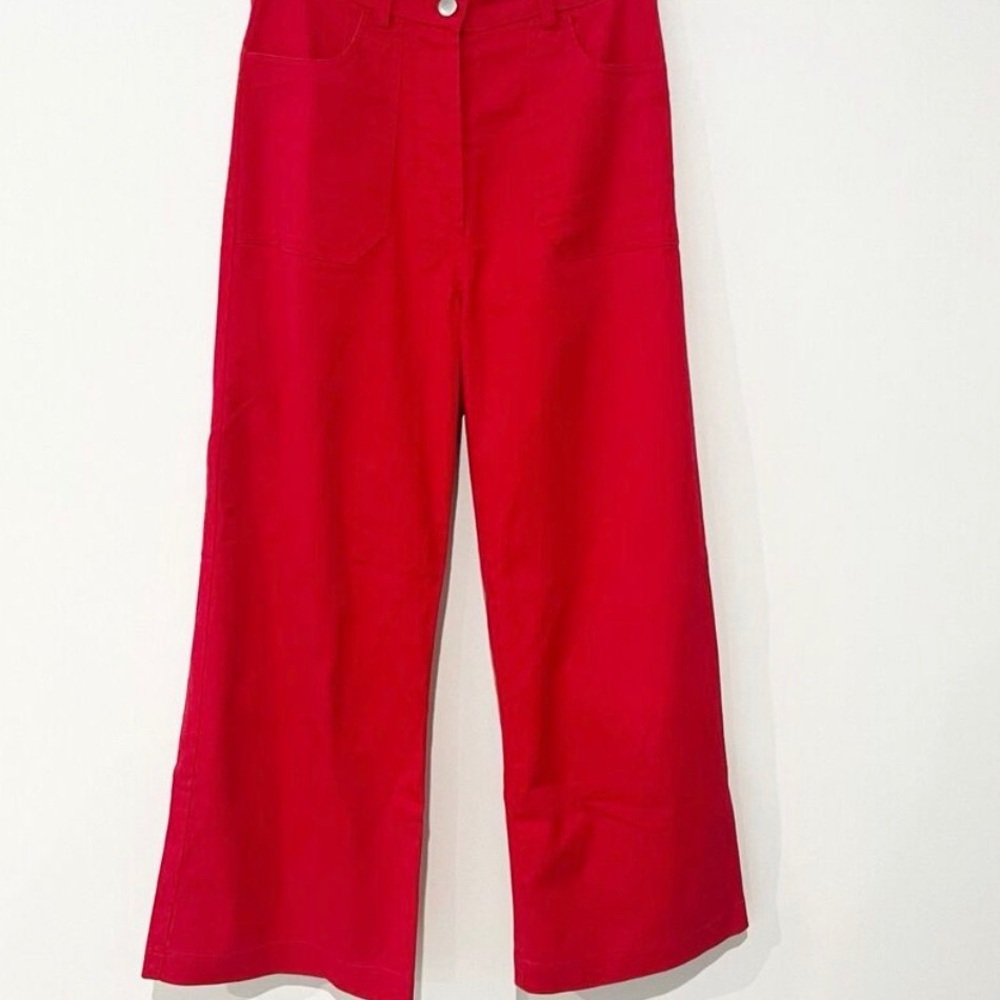 Loup Simone Wide Leg Cropped Red Cotton Blend Button Fly Jean Pants size XS - Picture 7 of 10